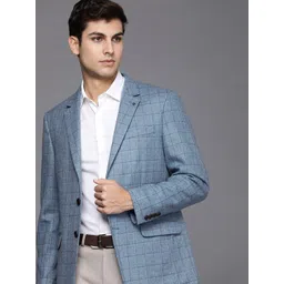Louis Philippe Men Blue Checked Single-Breasted Long Sleeves Tailored Formal Blazer-picture-13