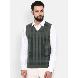 Louis Philippe Men Green & Grey Striped Sweater Vest-picture-30