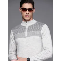 Louis Philippe Men Grey Self-Design Pullover with Embroidered Detail-picture-18