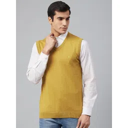 Louis Philippe Men Mustard Yellow Solid Sweater Vest-picture-18