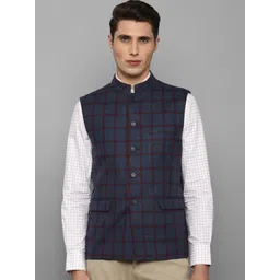 Louis Philippe Men Navy Blue & Maroon Checked Woven Pure Wool Nehru Jackets-picture-11