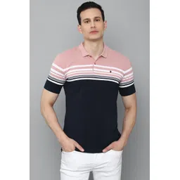 louis philippe Men Striped Polo Neck Pure Cotton Dark Blue T-Shirt-picture-13