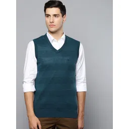 Louis Philippe Men Teal Blue Self-Striped Sweater-picture-17