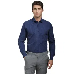 Louis Philippe Navy Cotton Regular fit Stripes Shirts-picture-27