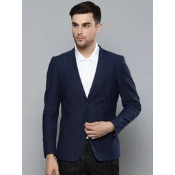 Louis Philippe Sport Men Navy Blue Self Design Slim Fit Single-Breasted Casual Pure Cotton Blazer-picture-28
