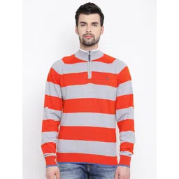 Louis Philippe Sport Men Orange & Grey Melange Striped Sweater-picture-39