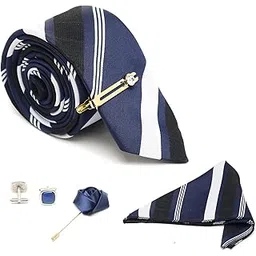 louis stitch Mens Lined Blue Stripes Italian Silk Necktie Set With Pocket Square Cufflinks Brooch Gold Pin (Suit Accessories) (Czech)-picture-56