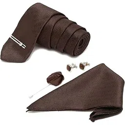 LOUIS STITCH Mens Van Dyke Brown Italian Silk Necktie Set Incl Pocket Square Cufflinks Chrome Tiepin Brooch American Style Formal Tie Gift Set for Men (BR08CP)-picture-11