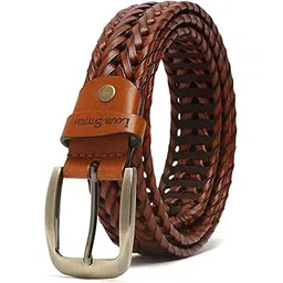 louis stitch Men's Weaved Leather Belt Casual Belts for Men Spanish Leather Brass Buckle 1.5 Inch (35mm) (BEVBWE)-picture-15