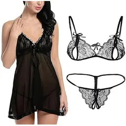 LOURYN KOULYN® Combo Offer! Women Babydoll Nightwear Lace Bra Panty Lingerie Set-picture-11