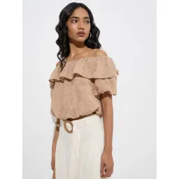 LOV by Westside Beige Floral Embroidered Off-Shoulder Top-picture-10