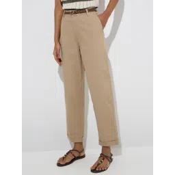 LOV by Westside Beige High-Rise Cotton-Blend Trousers with Belt-picture-14