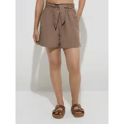 LOV by Westside Brown Paperbag-Waist Linen-Blend Shorts with Belt-picture-17