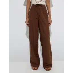 LOV by Westside Brown Solid Mid-Rise Linen Pants-picture-22
