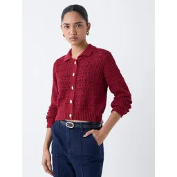 LOV by Westside Burgundy Knit-Textured Cotton-Blend Cardigan-picture-12