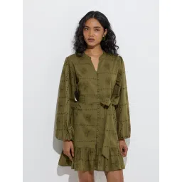 LOV by Westside Olive Schiffli Detailed Cotton Tiered Dress with Belt-picture-32