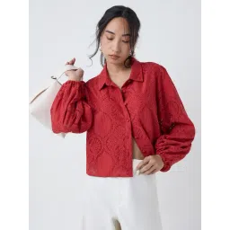 LOV by Westside Red Lace-Detailed Cotton-Blend Blouse-picture-23