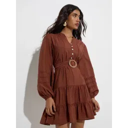 LOV by Westside Rust Cotton-Blend Tiered Dress with Belt-picture-38