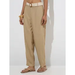 LOV by Westside Taupe High-Rise Trousers with Belt-picture-30