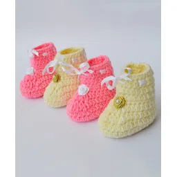 Love Crochet Art Wool Pack Of 2 Floral Applique Detailed Pearl Embellished Booties - Cream & Pink-picture-36