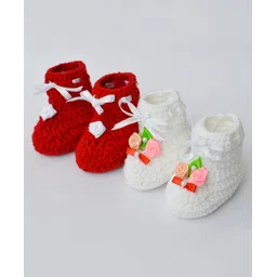 Love Crochet Art Wool Pack Of 2 Floral Applique Detailed Pearl Embellished Booties - White & Red-picture-34