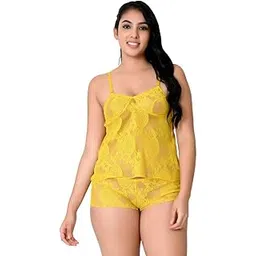 love maker Women Babydoll Lingerie Nightwear Set Top & Shorts Night Dress Honeymoon Soft Net Lace S-3XL Yellow-picture-40