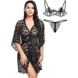 love maker Women Net Babydoll Nightwear Robe Nightgown with Bikini Set S-3XL-picture-25