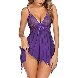 love maker Women Solid Net Lace Babydoll V-Neck Wedding Nighty Above Knee Lingerie for Women | Sexy Nightwear for Women | Nighty for Women Stylish | Baby Doll Lingerie S-3XL Purple-picture-35