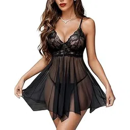 love maker Women Solid Net Lace Babydoll V-Neck Wedding Nighty Above Knee Lingerie for Women | Sexy Nightwear | Nighty Stylish | Baby Doll Lingerie S-3XL Black-picture-37