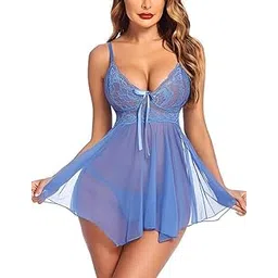 love maker Women Solid Net Lace Babydoll V-Neck Wedding Nighty Above Knee Lingerie for Women | Sexy Nightwear | Nighty Stylish | Baby Doll Lingerie S-3XL Purple-picture-36