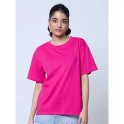LoveDky Women Solid Round Neck Cotton Oversized T-shirt image 1