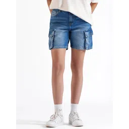 LOVEGEN Women Relaxed Fit High-Rise Pure Cotton Denim Cargo Shorts-picture-13
