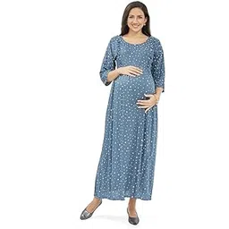 lovely mom's Dual-Zip Star Printed Maxi Cotton Maternity & Nursing Western Fit And Flare Dress | Stylish Convenience For Pre & Post Pregnancy Women's | Size - Xl - Bust - 42 - Light Blue-picture-13