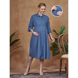 Lovely Mom's Rayon Woven Three Fourth Sleeves Solid Maternity Dress With Side Zipper Nursing Access - Blue-picture-10