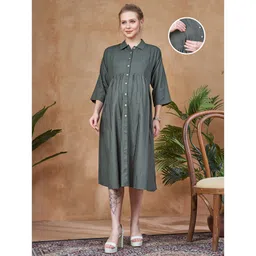 Lovely Mom's Rayon Woven Three Fourth Sleeves Solid Maternity Dress With Side Zipper Nursing Access - Grey-picture-25