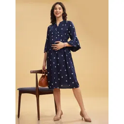 LOVELY MOM'S Women Mandarin Collar Bell Sleeve Maternity Fit & Flare Dress-picture-15