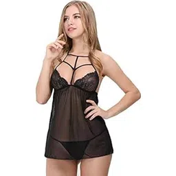 lovie's Women's Silk solid above knee Baby Doll Dress & Nightwear/Nighty/Sleep Dress (800, Black 29, free size)-picture-14