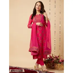 lovista Womens Printed Rayon Bandhani Print Floral Embroidered Kurta Pant and Dupatta Set for Women image 4