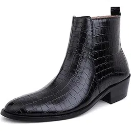 lozano Black Croco Print Embossed Leather Chelsea Boots for Men with Zip Fastening | High Ankle Handcrafted Chelsea Boots-picture-47