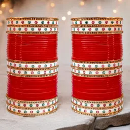 lucky jewellery Bridal Bangle Set Dhanteras/Diwali/Bhai Dooj Collection Wedding Punjabi chuda Designer chura Non-Precious Metal CZ Stone Red Color choora Set for Women (792-M1C1-LEENA-R) image 2