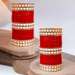 lucky jewellery Bridal Bangle Set Dhanteras/Diwali/Bhai Dooj Collection Wedding Punjabi chuda Designer chura Non-Precious Metal CZ Stone Red Color choora Set for Women (792-M1C1-LEENA-R) image 1