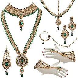 Bridal Dulhan Designer 18k Gold Plated Gold Green Color Pearl Stone Set 9 pcs. for Women & Girls (3630-IZS-1611-LCT-G)-image-41