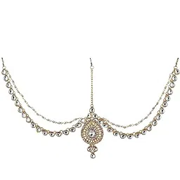 Gold Plated Bridal Dulhan Dhanteras/Diwali/Bhai Dooj Collection White Color Moti Pearl Maang Tikka Damini Kundan Stone Wedding Mathapatti for Girls & Women (248-L1PK-17-W)-image-42