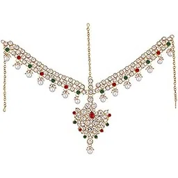 lucky jewellery 18K Gold Plated Bridal Dulhan Dhanteras/Diwali/Bhai Dooj Collection Mangtika Kundan Stone Red Green Color for Girls and Women (330-L1PS-KD124-RED-G)-picture-11