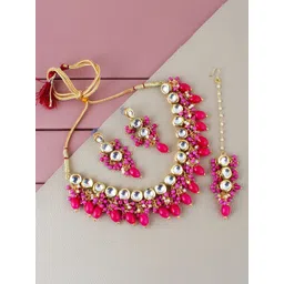 LUCKY JEWELLERY 18k Gold-Plated Kundan-Studded & Beaded Jewellery Set-picture-22