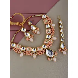 LUCKY JEWELLERY 18K Gold-Plated Kundan-Studded Necklace and Earrings With Maangtika-picture-37
