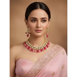 LUCKY JEWELLERY 18K Gold-Plated Meenakari Kundan Stone Studded & Beaded Jewellery Set-image-23