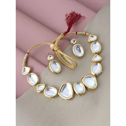 LUCKY JEWELLERY 18k Gold Plated White Kundan-Studded & Beaded Jewellery Set-picture-32