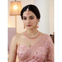 LUCKY JEWELLERY 18k Gold Plating Kundan Choker Pink Necklace with Pair of Earrings and Mang Tikka-picture-10