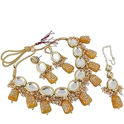 lucky jewellery Back Meenakari 18k Gold Plated Tika Earring Combo Jewellery Set Uncut Kundan Big Faux Kundan Dibbi Kundan Choker Necklace Set for Girl's & Women-picture-37